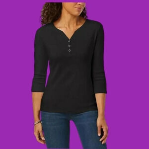 Karen Scott henley shirt women petite black color size ps